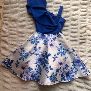 Rare Editions Blue and White One Shoulder Floral Dress